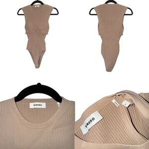 Sandro Tan Ribbed Knit Ruffle Bustier Bodysuit